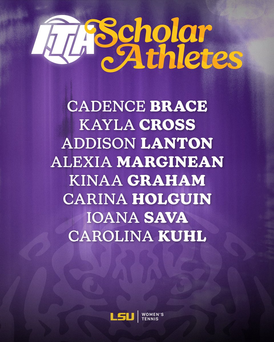 LSUwten's tweet photo. 8️⃣ members of our squad were named ITA Scholar-Athletes, helping the team achieve overall recognition as an ITA All-Academic Team 📚 https://t.co/2FY3tbw5e6