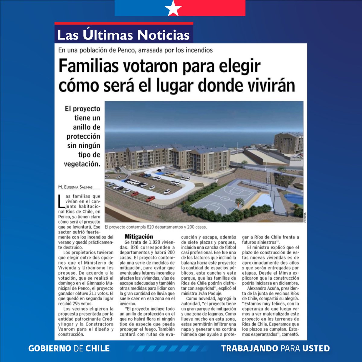MinistroPoduje's tweet photo. Las familias de Ríos de Chile decidieron el futuro de su barrio🗳️🏡

Tras un proceso participativo entre dos muy buenos proyectos, eligieron con el que avanzaremos en la reconstrucción de este sector de Penco, incorporando medidas de mitigación frente a incendios, nuevos espacios públicos y viviendas pensadas para entregar mayor seguridad y calidad de vida.

Reconstruir también es escuchar a las familias y ponerlas en el centro de las decisiones.