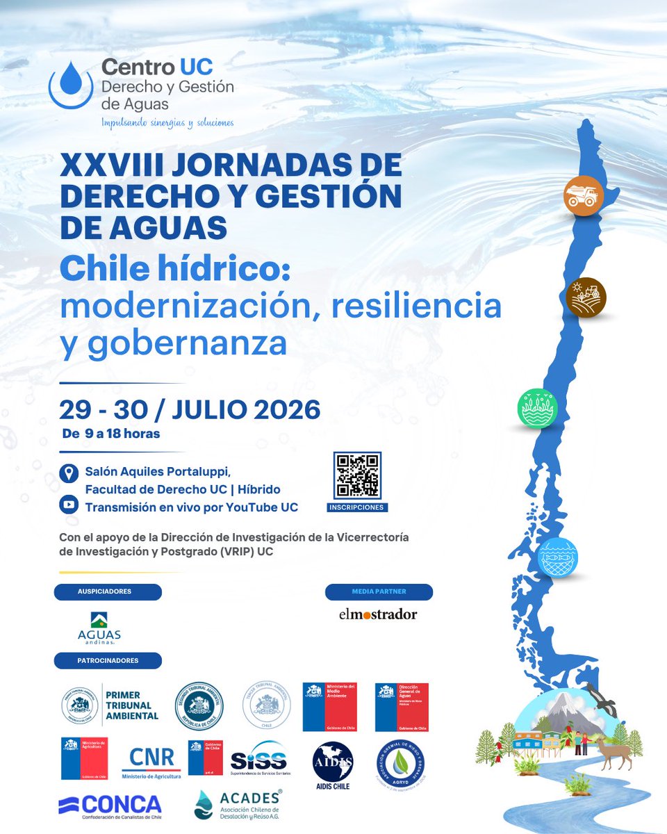 GobiernoUC's tweet photo. ¿Cómo enfrentar los desafíos hídricos de Chile? 🌊
Analizaremos modernización, resiliencia y gobernanza en las XXVIII Jornadas de Derecho y Gestión de Aguas, junto a nuestra profesora Magdalena Gil quien es parte del centro.
🗓️ 29-30 de julio
✅ Inscripciones: 
¡Te esperamos! https://t.co/pSZkzIONOz