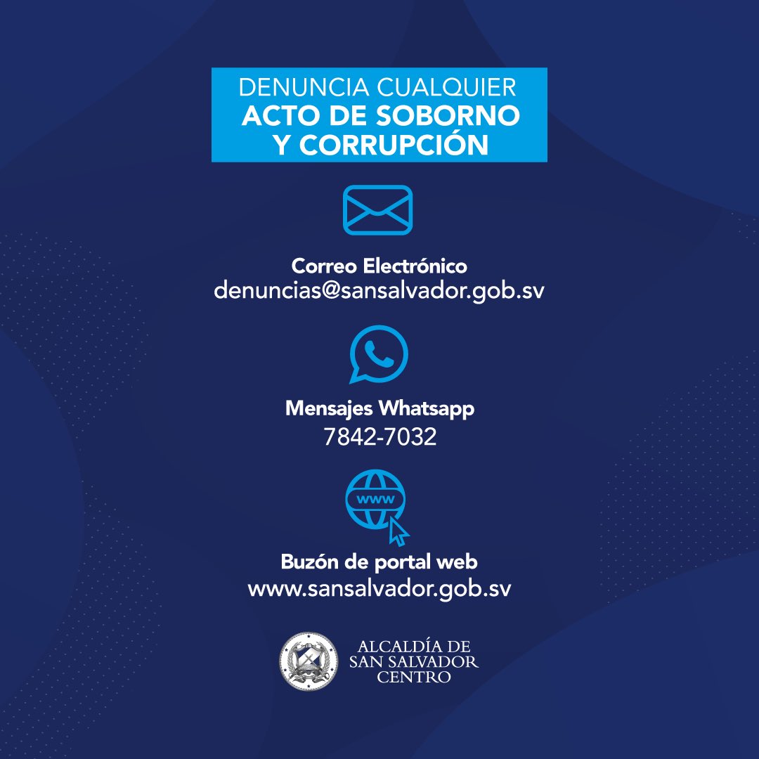 alcaldia_ss's tweet photo. Reafirmamos nuestro compromiso con la transparencia y el cumplimiento de la ley!

Ponemos a disposición un nuevo número de WhatsApp para denunciar cualquier acto de soborno o irregularidad.

📲7842-7032

Garantizamos confidencialidad y protección del anonimato en cada denuncia. https://t.co/g3wfvrWi8C