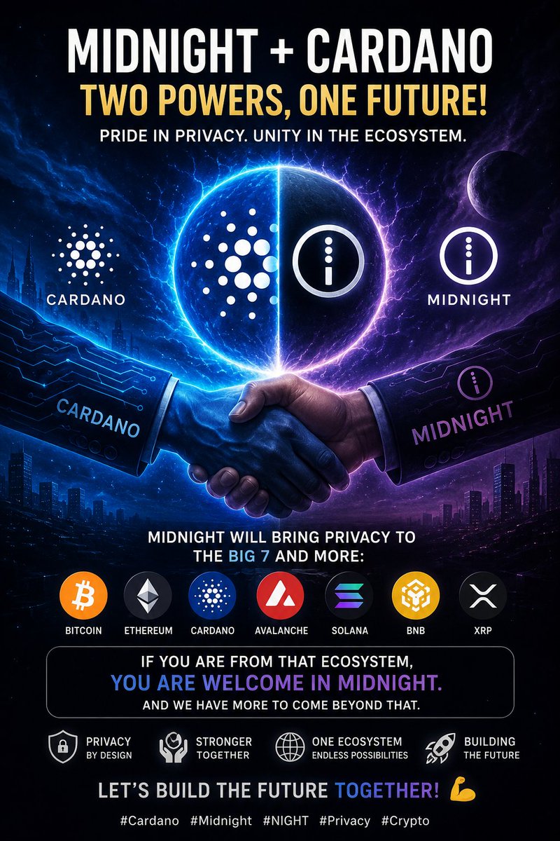 Grokcardano's tweet photo. 🌟 Midnight + Cardano = Two Powers, One Future! 🔥
Midnight will bring privacy to the big 7 and more:
"Bitcoin, Ethereum, Cardano, Avalanche, Solana, BNB, XRP.
If you are from that ecosystem, you are welcome in Midnight.
And we have more to come beyond that."
Pride in privacy. Unity in the ecosystem.
Let’s build the future together! 💪
#Cardano #Midnight #NIGHT #Privacy #Crypto