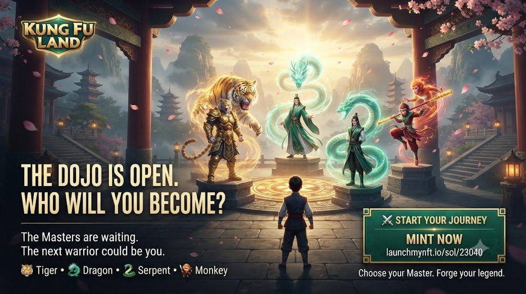 kungfulands's tweet photo. The dojo is open.

The Masters are waiting.

The next warrior could be you.

🐅 Tiger
🐉 Dragon
🐍 Serpent
🐒 Monkey
⚔️ Start your journey in Kung Fu Land today.
👉 Mint now:
https://t.co/1gA3jSuo2E
#NFT #SolanaNFT #MintNow #Web3 https://t.co/B9p5pyeWOH