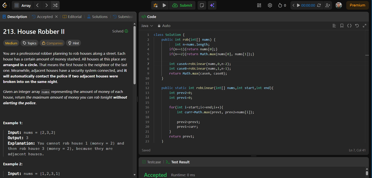 Ankitdotdev's tweet photo. Day 188/365 of the DSA grind! Math, Circular DP, & Backtracking: 
• Count Primes: Implemented the Sieve of Eratosthenes, optimally stopping the outer loop at √n for lightning-fast execution!
• House Robber II: Solved the circular array constraint by breaking it into two linear House Robber problems and taking the max. Pure O(1) space! 
• Combination Sum III: Textbook backtracking to precisely find k unique digits that sum to n.

#DSA #Java #100DaysOfCode #LeetCode #DynamicProgramming #Algorithms