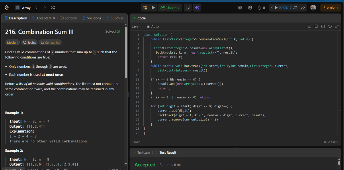Ankitdotdev's tweet photo. Day 188/365 of the DSA grind! Math, Circular DP, & Backtracking: 
• Count Primes: Implemented the Sieve of Eratosthenes, optimally stopping the outer loop at √n for lightning-fast execution!
• House Robber II: Solved the circular array constraint by breaking it into two linear House Robber problems and taking the max. Pure O(1) space! 
• Combination Sum III: Textbook backtracking to precisely find k unique digits that sum to n.

#DSA #Java #100DaysOfCode #LeetCode #DynamicProgramming #Algorithms