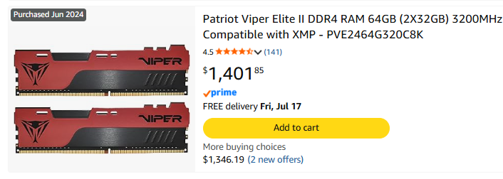 RedPandaMining's tweet photo. I bought 10x 64gb ddr4 ram kits + 10x 1tb nvme's for a total of $2463 Canadian back in June 2024.

Today, the same 1x 64gb ddr4 ram kit costs $1400 Canadian.

Can I just go ahead and sell it all now for $17000? lol https://t.co/cSS8MTCb6F