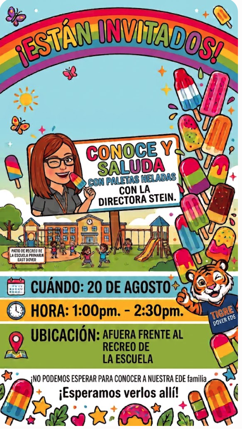 EDETIGERS's tweet photo. 🍦 A Cool Way to Kick Off the School Year—Popsicles with the Principal! 🐯 Join Principal Stein on August 20th 1:00–2:30 PM on the playground. Enjoy a sweet treat, meet our EDE team, and connect with other Tiger families. We can't wait to welcome you! 💙🧡@LJaime13 https://t.co/1FRyT5Jzyg