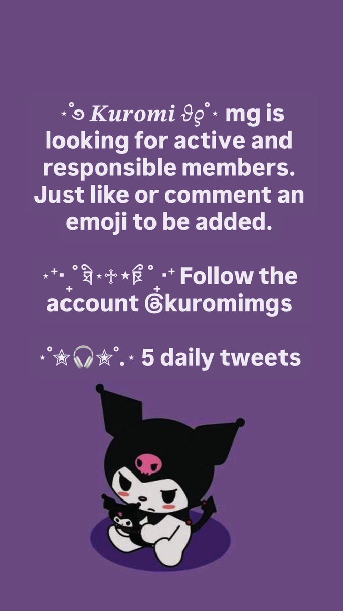 kuromimgs's tweet photo. ⋆˚࿔ 𝑲𝒖𝒓𝒐𝒎𝒊 𝜗𝜚˚⋆ mg está buscando miembros activos y responsables. Solo dale me gusta o comenta algunos emojis para que te agreguen.

ཐི⋆♱⋆ཋྀ Sigue la cuenta @kuromimgs si estás interesado

ཐི⋆♱⋆ཋྀ no +18 content

ཐི⋆♱⋆ཋྀ Cumplir con las reglas.

RT&amp;💜 https://t.co/hg53kUejrI
