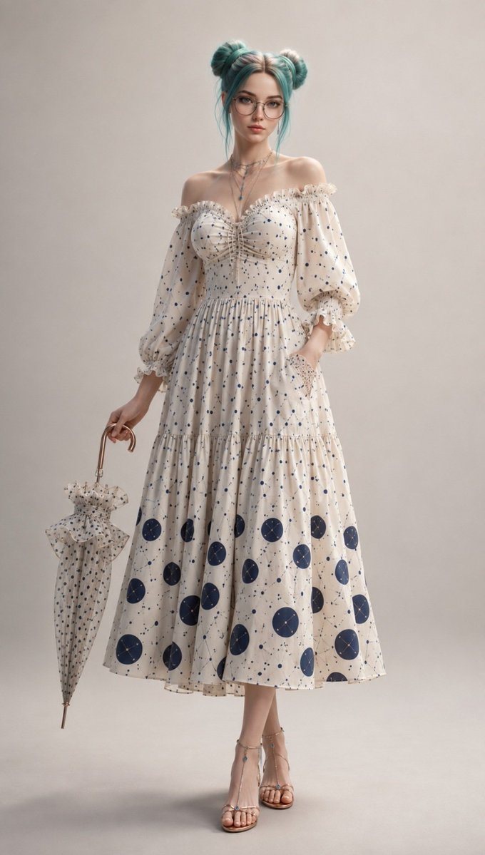 JemiVraxIS's tweet photo. Premium VraxIS Outfit Prompt 015

Upper Body

Lightweight off-shoulder summer dress with flowing peasant sleeves.

Soft ivory base fabric covered in delicate midnight-navy polka dots.

Subtle constellation embroidery hidden within the larger dots.

Fitted bodice with delicate ruching that creates elegant shaping.

Sweetheart neckline framed by delicate ruffled trim.

Lower Body

Flowing midi-length skirt with gentle tiered layers.

Polka dots gradually increase in size toward the hem for beautiful movement.

Hidden side pockets with silver filigree trim.

Lightweight lining for comfort and graceful drape.

Footwear

Strappy flat sandals in brushed rose gold with small sapphire accents.

Delicate ankle straps featuring tiny polka dot details.

Accessories

Wide-brimmed sun hat with matching polka dot ribbon.

Layered delicate silver necklaces with crystal pendants.

Sheer polka dot parasol (optional dramatic flair).

Fresh flower crown with small blue accents.

Materials

Breathable cotton voile, soft chiffon, lightweight linen blend, brushed rose gold hardware, precision-cut sapphire crystals.

Colour Palette

Ivory white, midnight navy polka dots, soft sky blue, rose gold, delicate sage green accents.