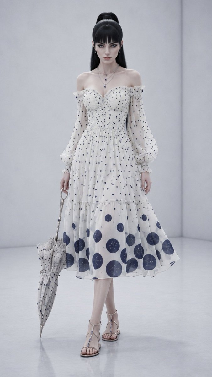 JemiVraxIS's tweet photo. Premium VraxIS Outfit Prompt 015

Upper Body

Lightweight off-shoulder summer dress with flowing peasant sleeves.

Soft ivory base fabric covered in delicate midnight-navy polka dots.

Subtle constellation embroidery hidden within the larger dots.

Fitted bodice with delicate ruching that creates elegant shaping.

Sweetheart neckline framed by delicate ruffled trim.

Lower Body

Flowing midi-length skirt with gentle tiered layers.

Polka dots gradually increase in size toward the hem for beautiful movement.

Hidden side pockets with silver filigree trim.

Lightweight lining for comfort and graceful drape.

Footwear

Strappy flat sandals in brushed rose gold with small sapphire accents.

Delicate ankle straps featuring tiny polka dot details.

Accessories

Wide-brimmed sun hat with matching polka dot ribbon.

Layered delicate silver necklaces with crystal pendants.

Sheer polka dot parasol (optional dramatic flair).

Fresh flower crown with small blue accents.

Materials

Breathable cotton voile, soft chiffon, lightweight linen blend, brushed rose gold hardware, precision-cut sapphire crystals.

Colour Palette

Ivory white, midnight navy polka dots, soft sky blue, rose gold, delicate sage green accents.