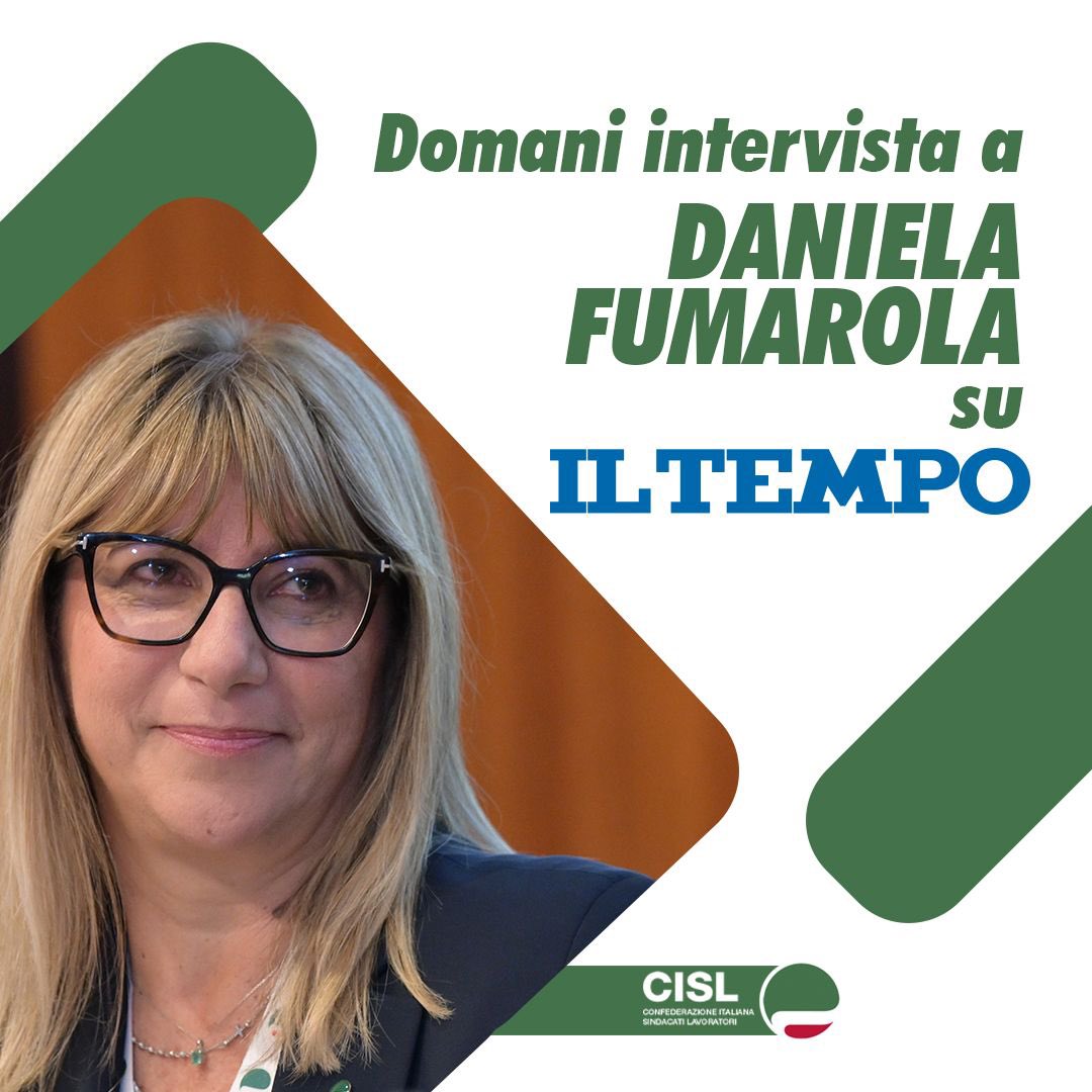 CislNazionale's tweet photo. Domani sul quotidiano IL TEMPO intervista di #DanielaFumarola sul Report Cisl su contrattazione sociale e le priorità del nostro sindacato. Si prega di condividere. 

#Cisl #ContrattazioneSociale https://t.co/x6al4LiIOu