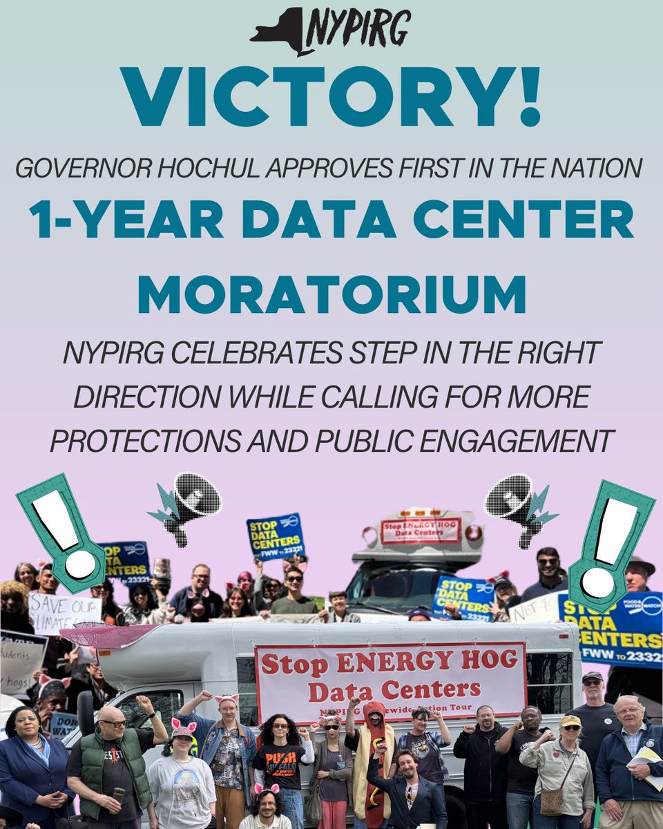 NYPIRG's tweet photo. VICTORY! @NYPIRG commends Governor Hochul's "first-in-the-nation" one-year hyper-scale data center moratorium — a step in the right direction. 1/2 https://t.co/4Rc1FyjWWr