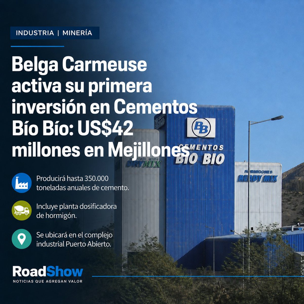roadshow_cl's tweet photo. Belga Carmeuse activa su primera inversión en Cementos Bío Bío: US$42 millones en Mejillones
▶️ Más información:
https://t.co/iqx1Kas7IJ