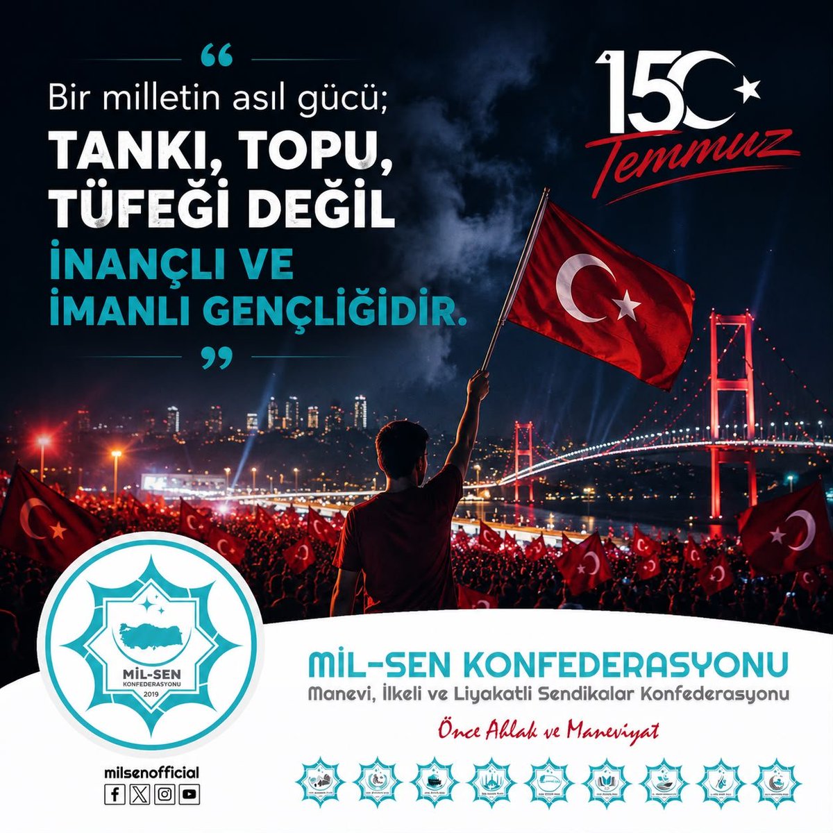 mucahit2929's tweet photo. “Bir milletin asıl gücü; tankı, topu, tüfeği değil inançlı ve imanlı gençliğidir.”

Milletimizin iradesini hedef alan her türlü ihanet, inançla, cesaretle ve birlik ruhuyla bertaraf edilmeye mahkûmdur.

Aziz şehitlerimizi rahmetle, kahraman gazilerimizi minnetle yâd ediyor; vatanımıza, bayrağımıza ve millî irademize daima sahip çıkacağımızı bir kez daha vurguluyoruz.

Millet varsa umut vardır, gelecek vardır.

🇹🇷 #15Temmuz #MilSen