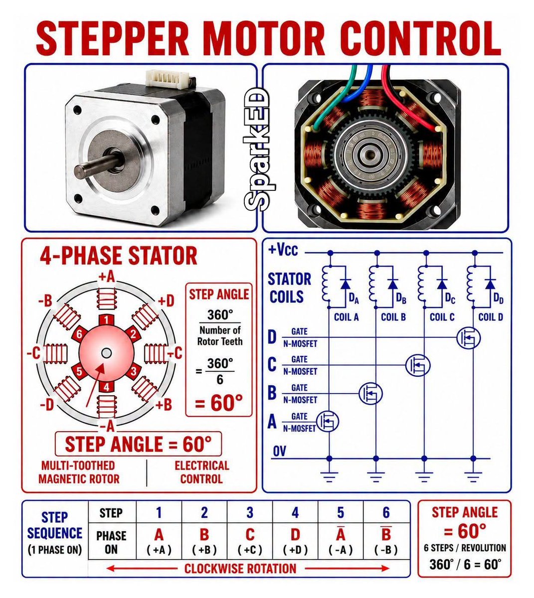 Afghan_Engineer's tweet photo. A stepper motor converts electrical pulses into precise rotational movement. Inside the motor, the stator contains four phases (A, B, C, and D) that are energized one at a time in a specific sequence. https://t.co/tXef0vesZu