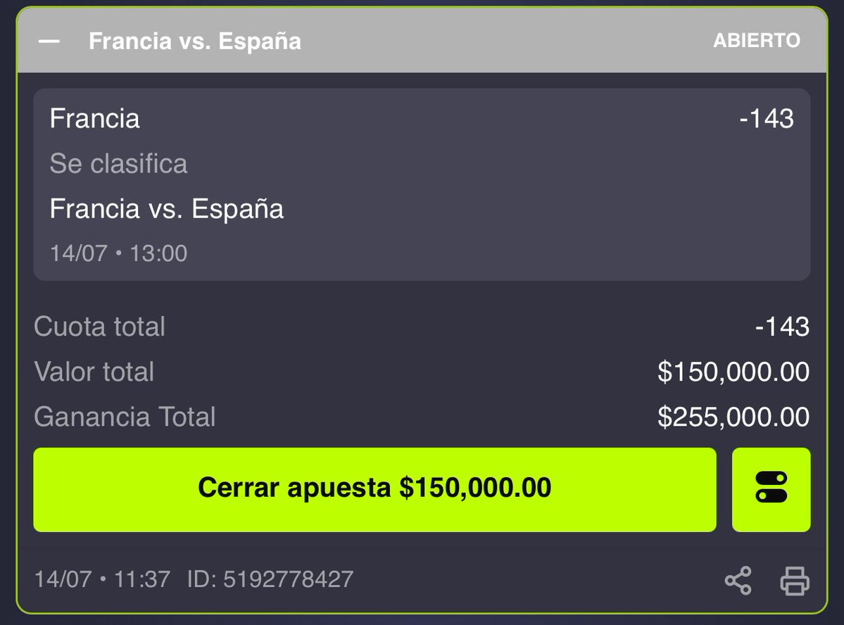 ElReyApostador_'s tweet photo. Tengo en juego 600 mil pesos en que Francia se clasifica y elimina a España. Si la cobro regalaré dinero, saben que cuando me va bien me gusta compartir. Voy a sacar un ganador de 9 mil pesos entre todos los que le comenten este tweet. https://t.co/ChwGj0D3M6