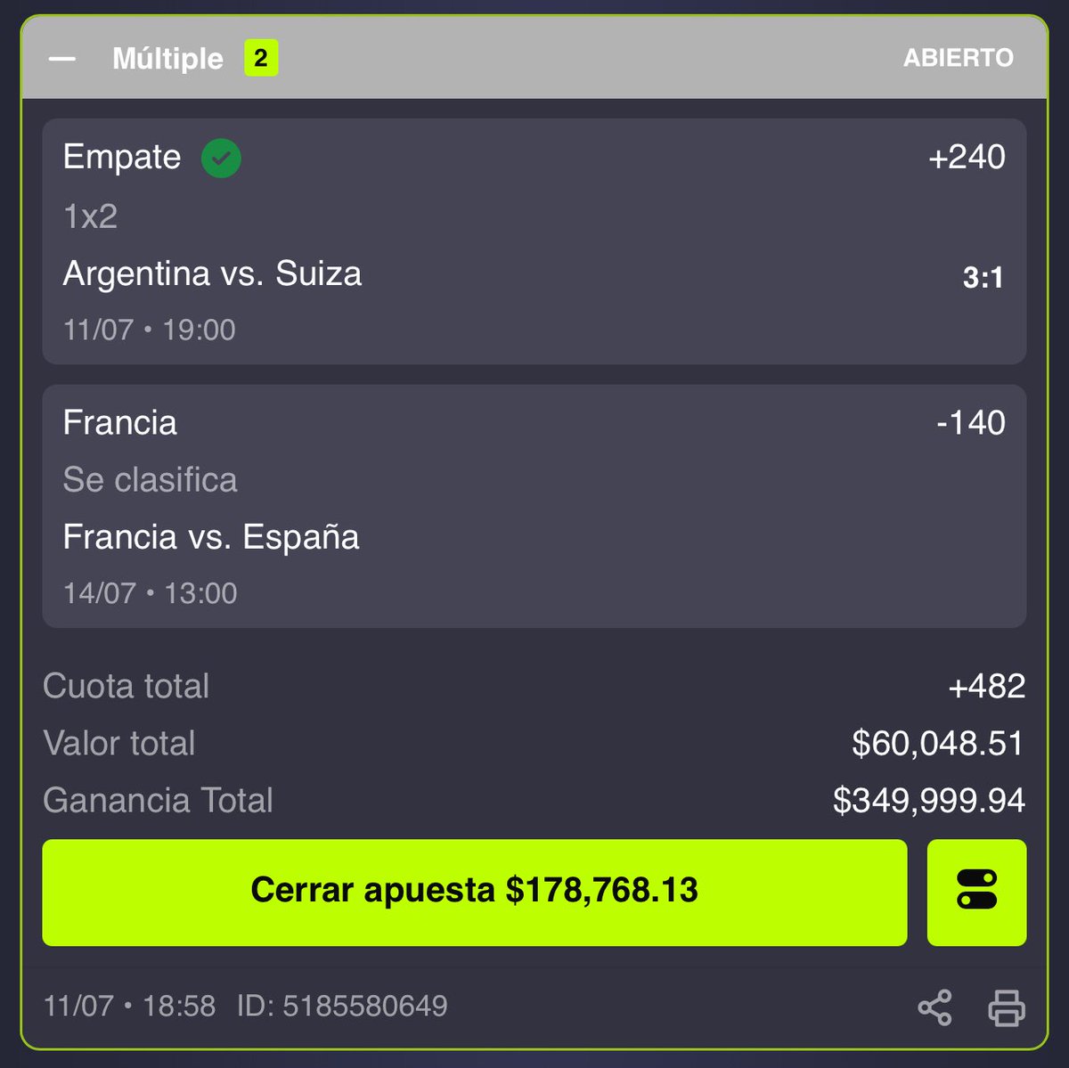 ElReyApostador_'s tweet photo. Tengo en juego 600 mil pesos en que Francia se clasifica y elimina a España. Si la cobro regalaré dinero, saben que cuando me va bien me gusta compartir. Voy a sacar un ganador de 9 mil pesos entre todos los que le comenten este tweet. https://t.co/ChwGj0D3M6