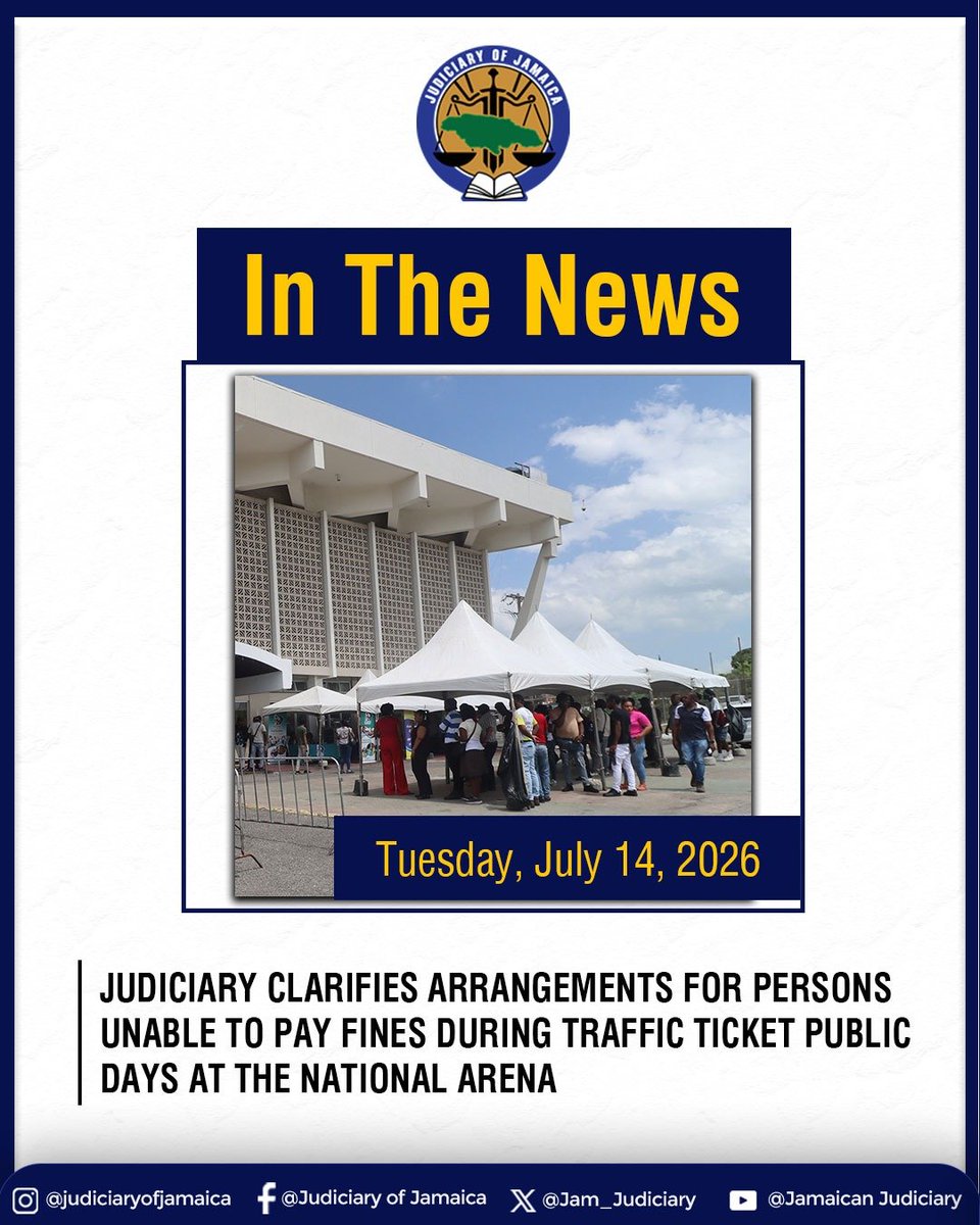 Jam_Judiciary's tweet photo. The Judiciary of Jamaica notes reports published regarding the temporary holding of persons during the recently staged Traffic Ticket Public Days at the National Arena and wishes to provide clarification on the arrangements that were put in place. https://t.co/Bz5MoVMaXi