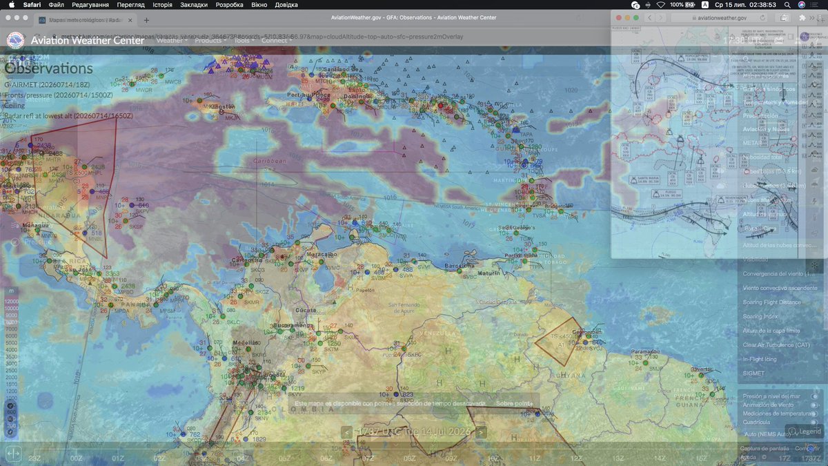 RJt5observatory's tweet photo. https://t.co/992mbLWKBs
🇻🇪🇯🇵👁‍🗨✈︎Quick Path-Finder its been Enhanced cloud layers  meteoBlue with        
After the Duplex Earthquakes 24th,June 2026     1500/1600/16xxZ 11th,July 2026

Zoom Earth EUMETSAT MTG Geo   [#RJt5 #P6w]     Accuweather Rainy Rader         
Estos son los materiales del Gobierno de EE. UU./WAFC LONDRES  PGEE05 06Z-11th,July        
Carta meteorológica aeronáutica tras un fuerte terremoto provocado por una falla de desplazamiento lateral. Venezelan surface clouds groups analitics

Bottom of them  1000hpa @ 00360ft alt 
Bottom of them  0900hpa @ 03200ft alt 
-----
Bottom of them  0800hpa @ 06400ft alt         
Upper   of them  0600hpa @ 14000ft alt           

WAFC LONDON PGEE05 06Z-14th                  

Over!