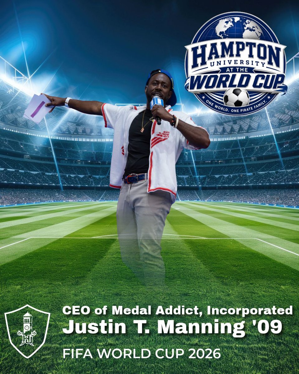HamptonU_Alumni's tweet photo. From the Home by the Sea to the global stage. 🌎⚽

Hampton alumnus Justin T. Manning '09, is bringing the energy to FIFA World Cup 2026™ Watch Parties, entertaining more than 13,000 fans with some of the biggest names in sports. 

#HamptonAlumni #FIFAWorldCup2026 #OneHampton https://t.co/vNe6CQ28TR