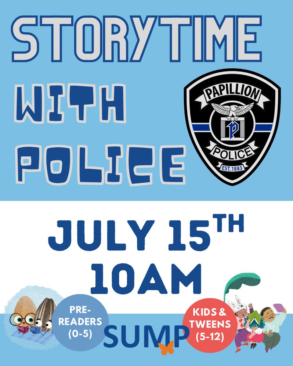papillionpolice's tweet photo. Join us TODAY at 10 am for Story Time at @PapillionLib. During this special story time, we get to sing songs with you, read a story, and show you our police cruiser!  We're excited to see you there. 🥳

#policingwithpride #storytime #feelslikehome https://t.co/2NjmcV6EvN