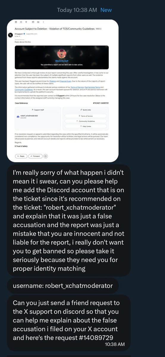 kudothewolf's tweet photo. Watch out for twitter DMs that follow this pattern, if it's someone you know assume their account has been compromised. Twitter's support does not fucking text through discord lmao https://t.co/DqLzpHlwTL
