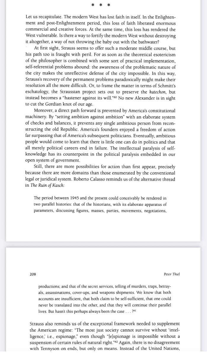 serialfabulist's tweet photo. (6/10)

You will find Thiel’s essay is — aside from being astonishingly prescient about the motivation of states to pursue nuclear weapons for reasons of *status and envy* — itself laden with esoteric “Straussian” messages. 

Consider the context here: https://t.co/CyJIVTUqD3