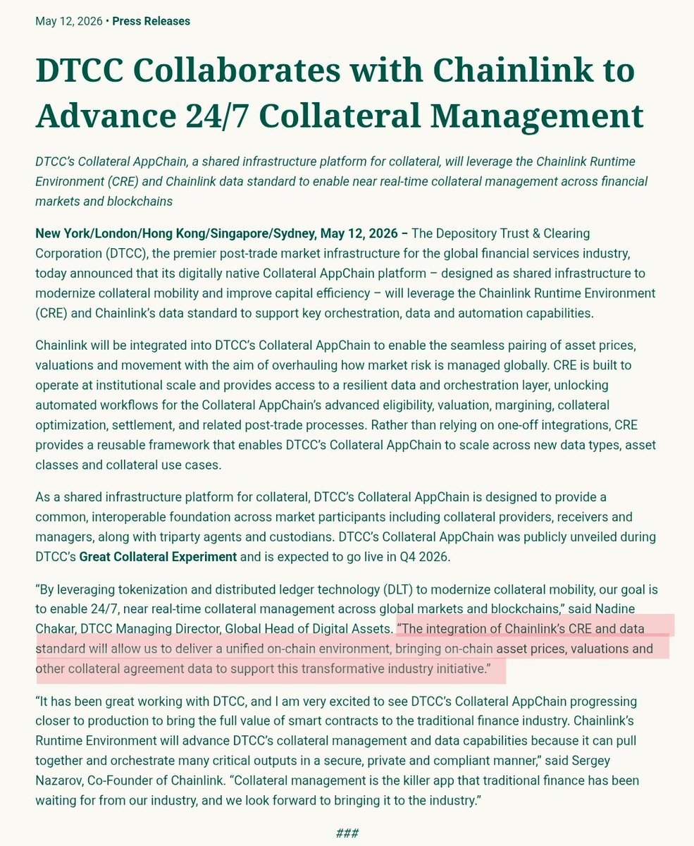 nullpackets's tweet photo. So it begins.

The move to T+0 24/7 settlement of all US markets.

Tokenized. Automated. Secure.

Powered by the Chainlink Runtime Environment. $LINK https://t.co/LXuM9D9DpT