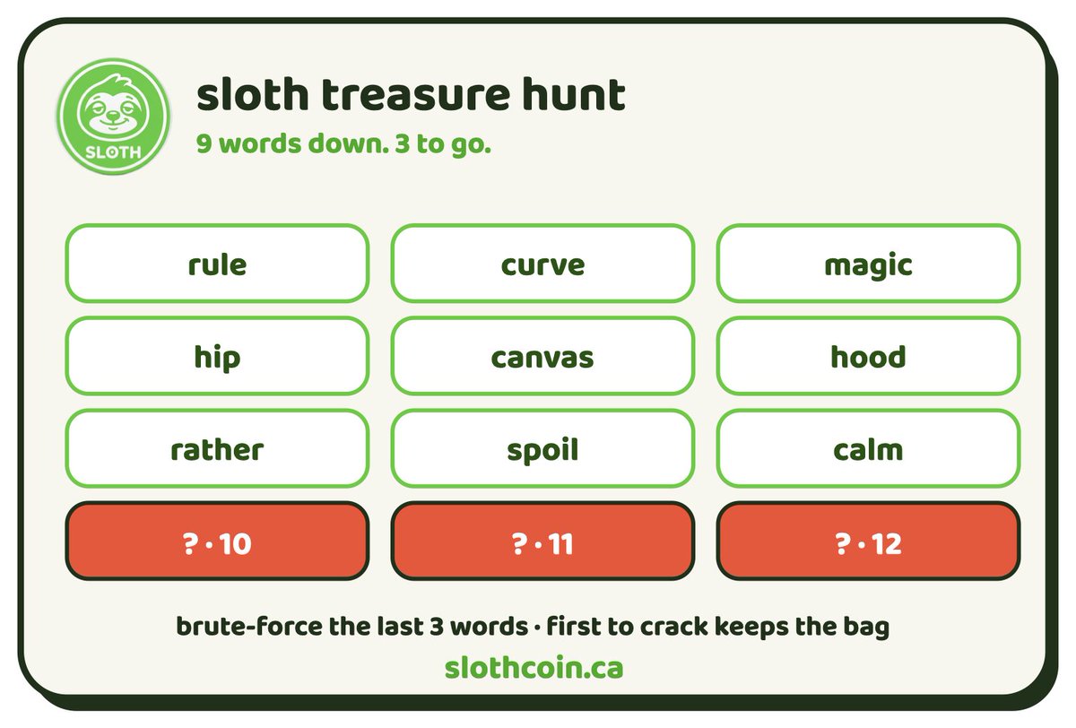 slothcoin_ca's tweet photo. 🦥 SLOTH TREASURE HUNT · $50 bounty 🦥

we buried $50 of $SLOTH in a 12-word wallet — and handed you 9 of them.

wallet: 0xb6a08628eC99Ea555038bd78731c367D8d01618d
← the $50 in SLOTH is sitting right there. just compute (or nap🦥).

https://t.co/lyDtpj7xq4 https://t.co/3UNZAWGW0w