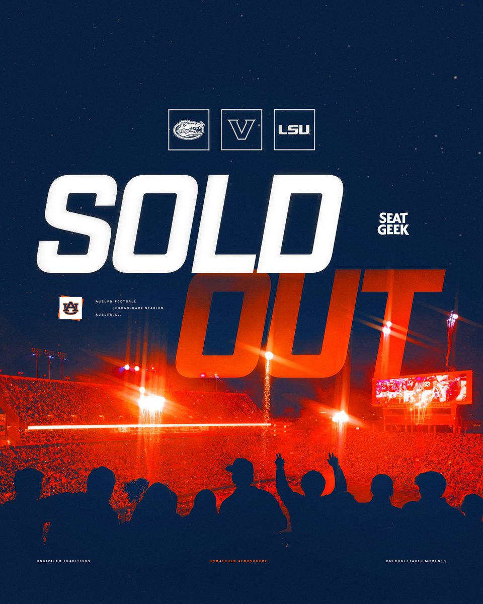AuburnFootball's tweet photo. The Auburn Family does it again! 🦅🎟️

LSU, Florida and Vanderbilt are officially 𝐒𝐎𝐋𝐃 𝐎𝐔𝐓.

Single-game tickets for our remaining home games go on sale tomorrow at 10am CT. https://t.co/mQ7gdqnUf6