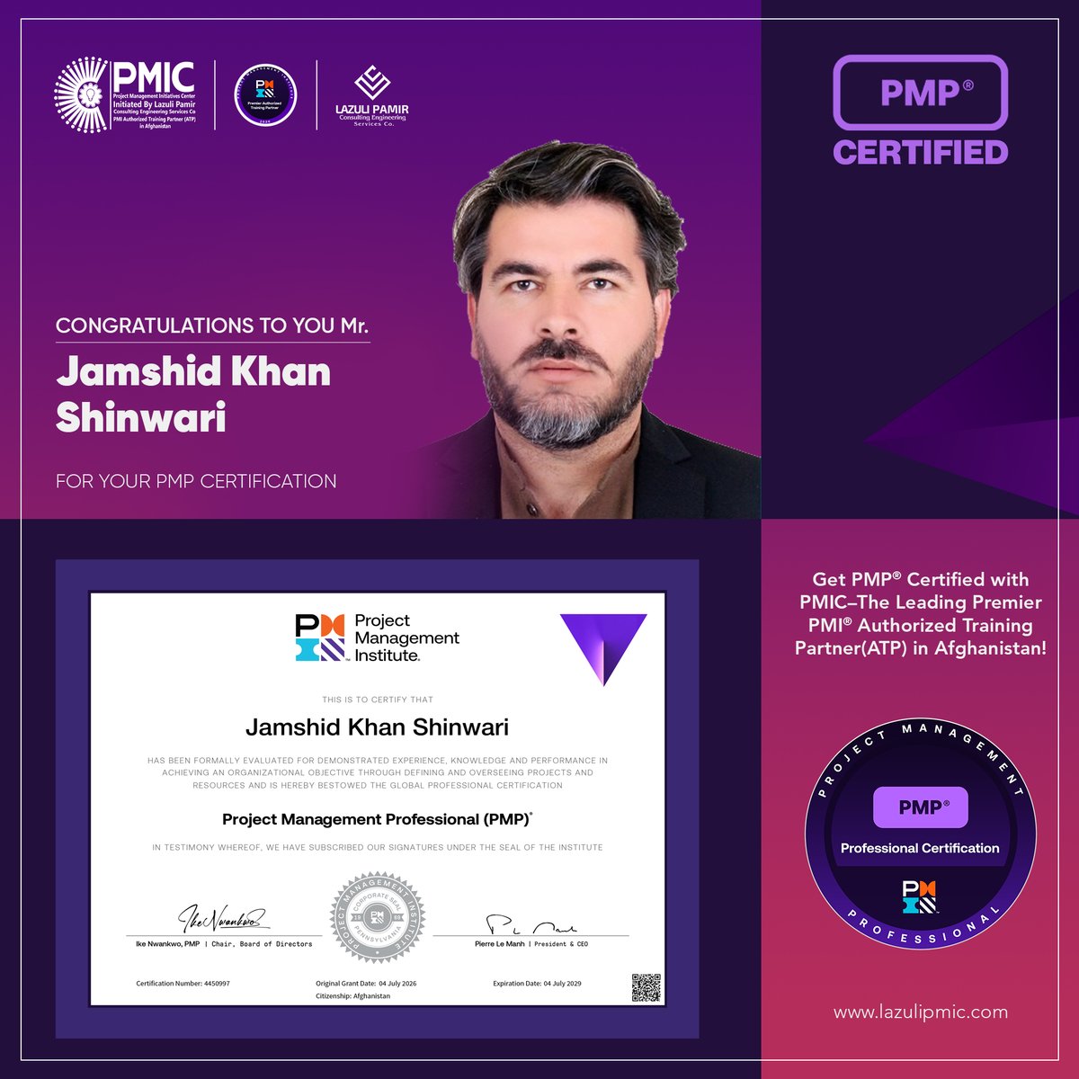 lazulipmic's tweet photo. Celebrating Two New PMP® Certified Professionals at PMIC 🎉

We are delighted to congratulate Mr. Jamshid Khan Shinwari Sahib and Mr. Matiullah Seerat Sahib on successfully earning the prestigious Project Management Professional (PMP)® certification.

Their achievement reflects dedication, perseverance, and a strong commitment to professional excellence. By earning the globally recognized PMP® credential, they have demonstrated the knowledge, skills, and PMI mindset required to lead projects successfully and deliver value.

PMIC is proud to have been part of their certification journey. Every new PMP® professional strengthens Afghanistan's project management community and reinforces the effectiveness of our proven mission-based training, coaching, and LMS system.

With the highest number of PMP®-certified professionals in Afghanistan, PMIC continues to help professionals achieve international success through world-class training, expert coaching, and a proven learning system.

Which mission will you join next?

✅ Mission June–July 2026 (Completed)
🟢 Mission September 2026
🔵 Mission December 2026

Join PMIC, the only PMI Premier Authorized Training Partner (Premier ATP) in Afghanistan, and become part of Afghanistan's largest PMP® success community.

🌐 https://t.co/PAOCow6h8O

#PMP #PMIC #PMI #PremierATP #ProjectManagement #PMPCertification #Afghanistan #Leadership #CareerGrowth #FutureLeaders #LazuliPamir
