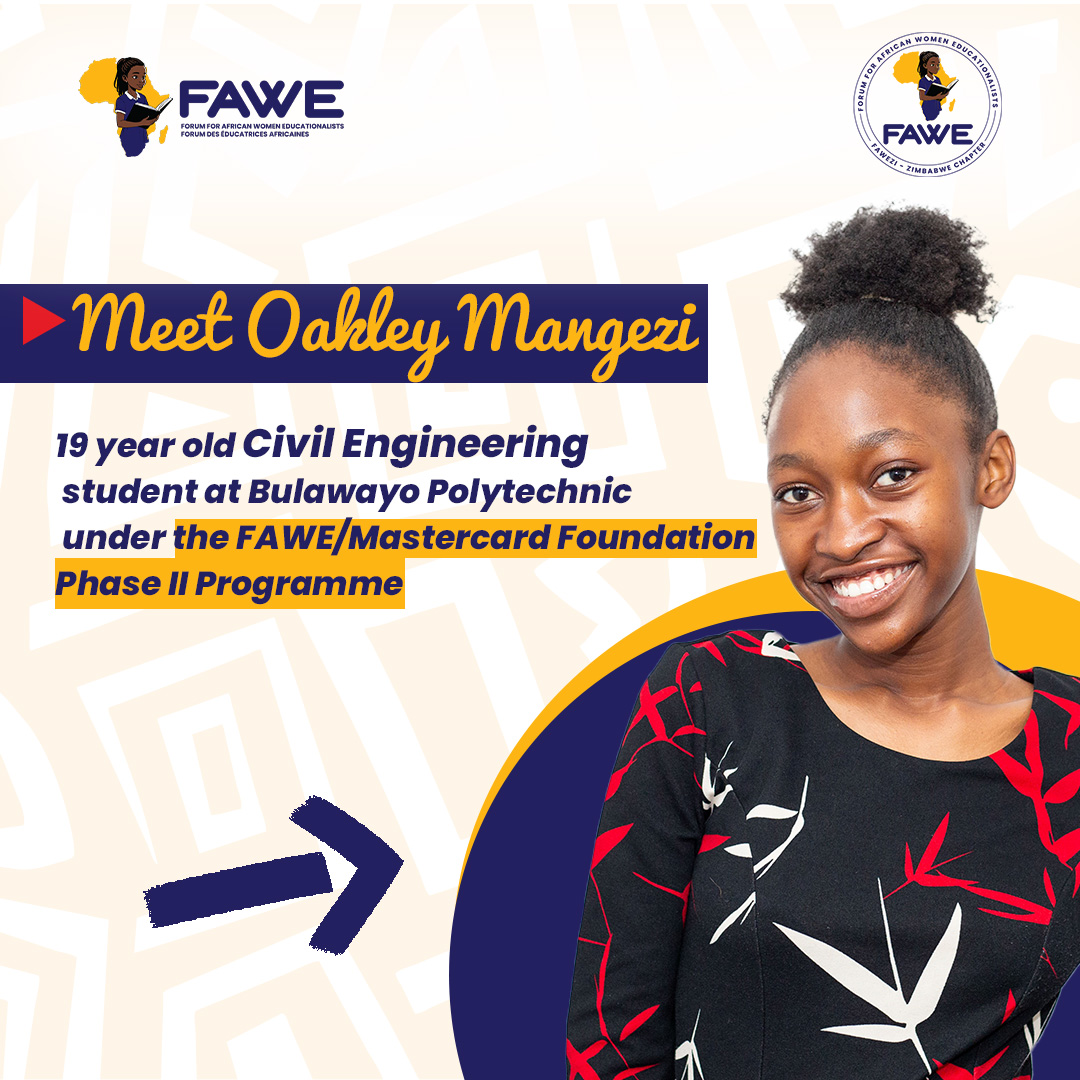 FAWEZim's tweet photo. 🔵 Meet Oakley Mangezi, a 19-year-old Civil Engineering student at Bulawayo Polytechnic under the FAWE/Mastercard Foundation Phase II Programme.
#WomenInSTEM #GirlsInEngineering #FAWEZI #MastercardFoundation #IEAExpo2026 #Zimbabwe https://t.co/nJdwoxqJZh