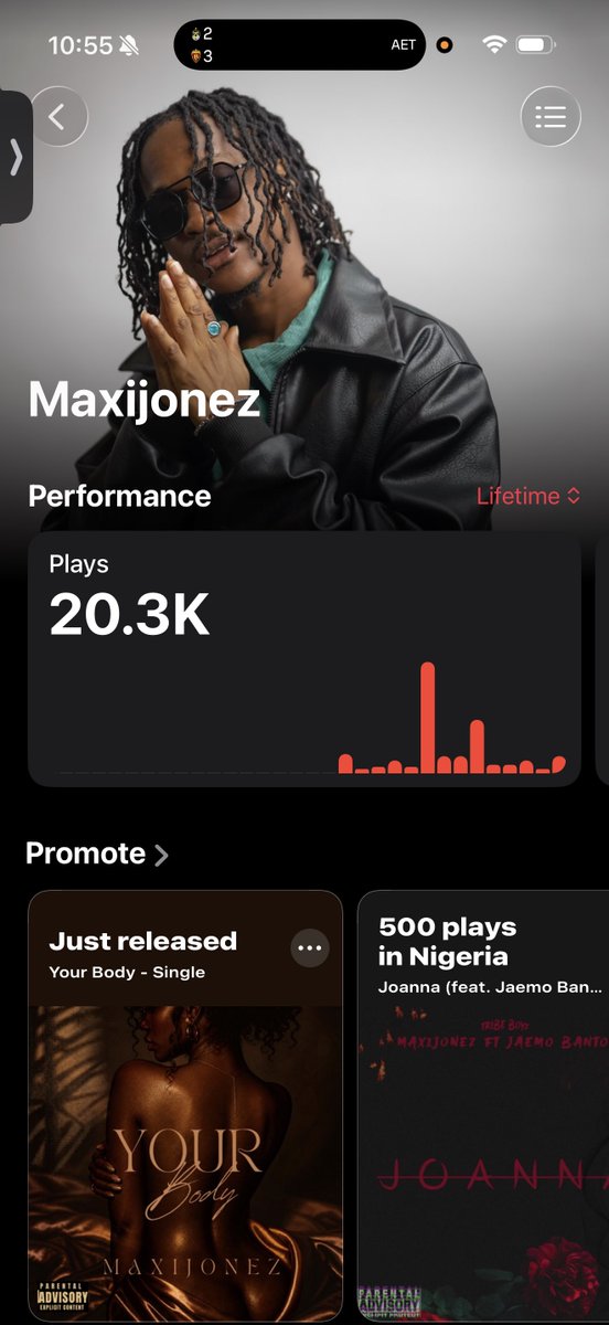 Maxi_Jonez's tweet photo. I have surpassed 20k streams on @AppleMusic 
My voice has gone places my leg never reach cos of y’all ❤️🦅. #grateful https://t.co/ffvia5KJIm