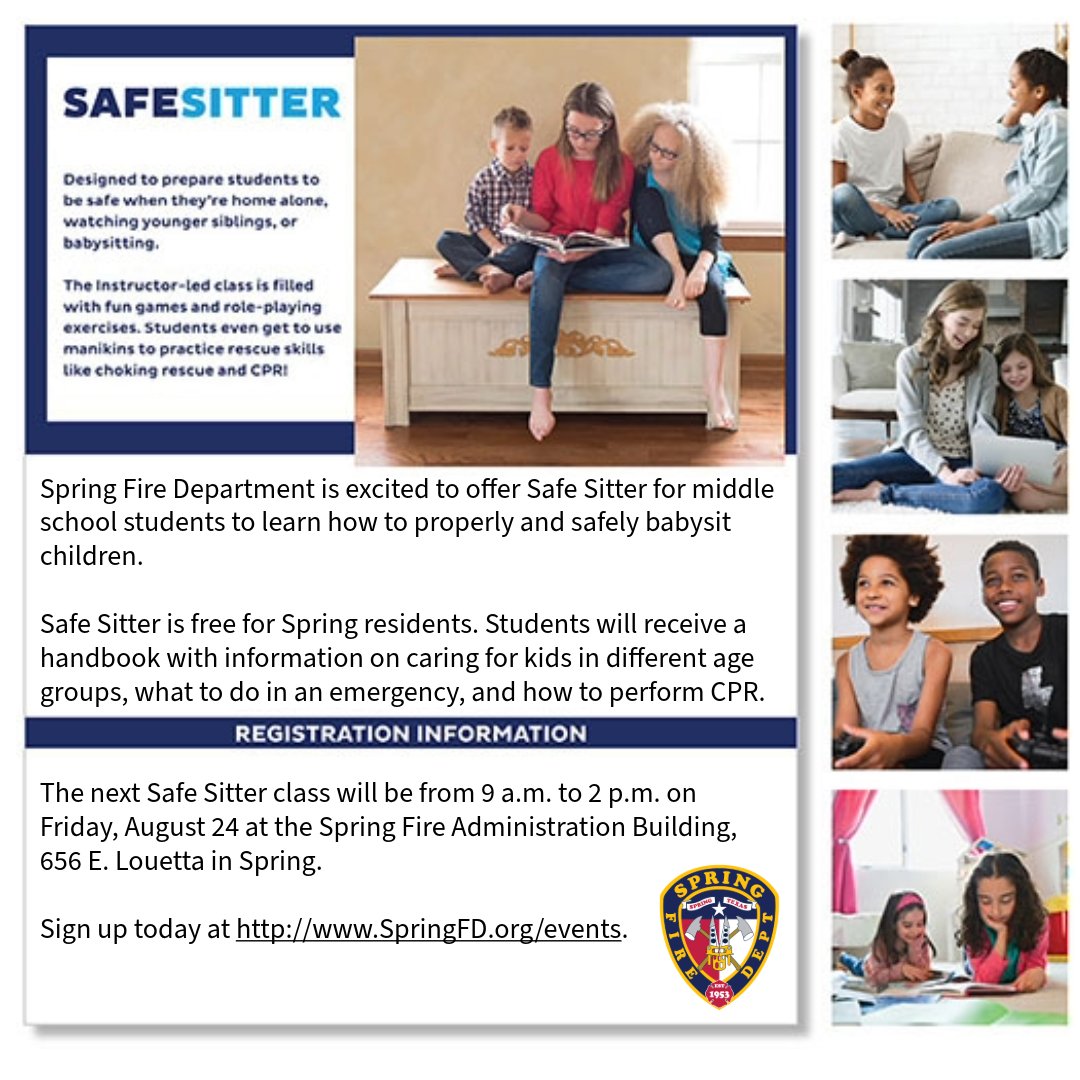 Springfdtx's tweet photo. Does your tween or teenager want to babysit?
Sign them up today for Safe Sitter class at Spring Fire.
Our next class on Friday, July 24 is filling up fast!
Register today at https://t.co/pbUjMr7dGp
#SafeSitter #safesittertraining #springtx https://t.co/qz3GafwG7p
