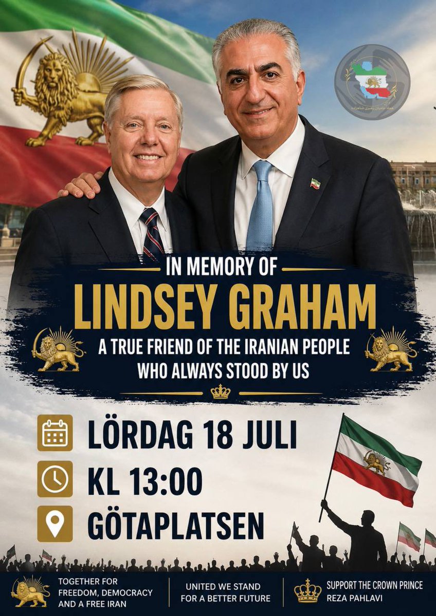 HamadPrp's tweet photo. Lördag den 18 juli kl. 13.00 samlas vi för att hedra minnet av vår käre vän Lindsey Graham, som stod vid det iranska folkets sida under Lejon- och Sol-revolutionen och var en uppskattad vän till vår käre kronprins. Vi samlas för att visa vår tacksamhet och hedra hans minne.

شنبه ۱۸ یولی ساعت ۱۳:۰۰ گردهم جمع خواهیم شد و یاد دوست عزیزی که در انقلاب شبر و خورشید همراه و پشتیبان مردم ایران و دوست شاهزاده عزیزمان بود،لیندسی گراهام عزیز را گرامی میداریم.