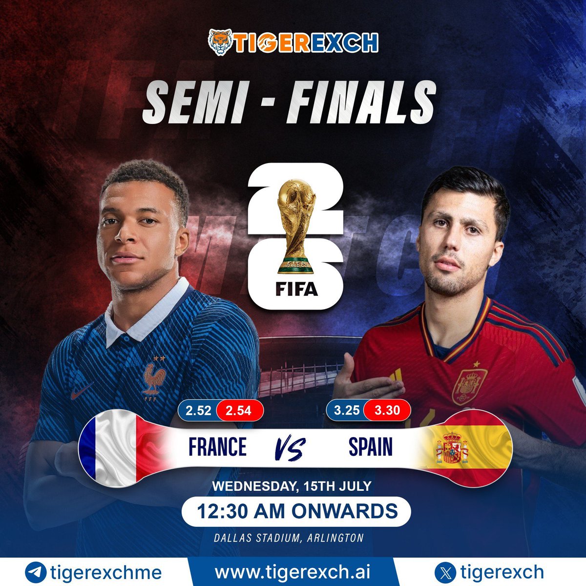 tigerexch's tweet photo. It’s the Semi-Finals 

France vs Spain, both of them in prime. 

Who’s gonna take today’s win and enter the finals? 

Get the most premium odds only on Tiger Exchange 🐯

Match Day Exclusive Offers:
✨10% Joining Bonus (Instant)
✨ 3% USDT Deposit Bonus
✨ 3% Weekly Lossback
✨ 2% Bonus On Daily First Bank Deposit 

Test your knowledge and play smart on https://t.co/i4DC0HSbk1 

Whatsapp for ID
https://t.co/2vbh2XUuT6