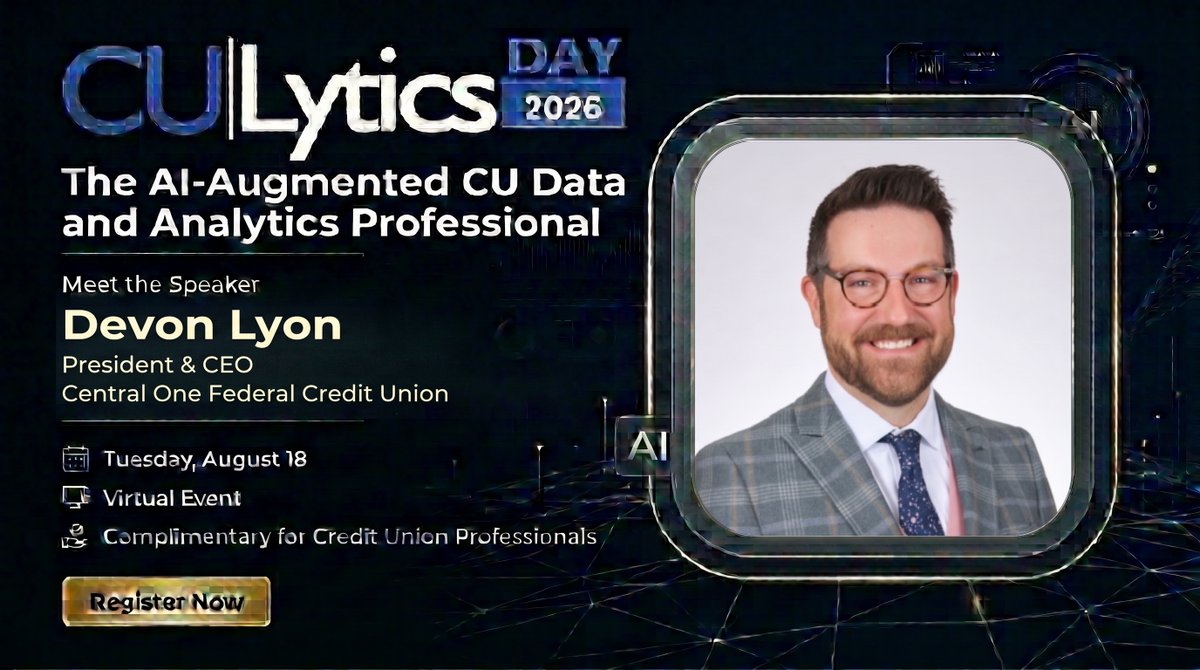 culytics's tweet photo. AI is reshaping credit union leadership. Hear Devon Lyon, President &amp; CEO of @CentralFCU, share practical insights at #CULyticsDay2026. 📅 Aug. 18 | Free Virtual  Register: https://t.co/smgLbs33k4  #DataAnalytics #CreditUnions #ArtificialIntelligence https://t.co/8aukdGsrqf