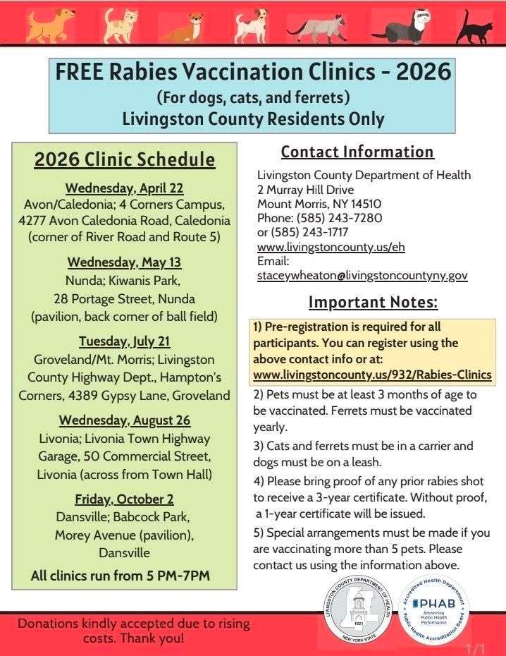 LivingstonCoNY's tweet photo. Vaccinate your furry friends at the FREE Rabies Vaccination Clinics provided by the #LivCo Dept. of Health. 

The next clinic is July 21 at the Livingston County Highway Dept., Hampton's Corners, 4389 Gypsy Lane, Groveland.

Pre-registration is required: https://t.co/f4sPE156ex https://t.co/AKYNJxsdDQ