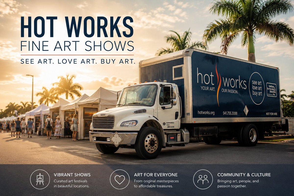 HotWorksArtShow's tweet photo. Hot Works’ show schedule includes:

Orchard Lake Fine Art Show – heart of West Bloomfield, MI
July 25 & 26, 2026 https://t.co/uiee5Esrov

Sarasota Fine Art Shows – downtown at JD Hamel Park, Sarasota, FL
October 31 & November 1, 2026 https://t.co/MdYa4R0hNf
December 19 & 20, 2026 https://t.co/QlIgDLA8Xm
March 6 & 7, 2027 https://t.co/9ysiQfleoH

Sarasota Fine Art Show – at St. Armand’s Circle
January 9 & 10, 2027 https://t.co/yFWNsf2FZC

Boca Raton Fine Art Shows – Sanborn Square Park, downtown Boca Raton
November 7 & 8, 2026 https://t.co/zoccQgIRiC
December 12 & 13, 2026 https://t.co/5XD78xNva5
January 30 & 31, 2027 https://t.co/kkir1owlqX

Tampa Fine Art Show – Cotanchobee Fort Brooke Park, downtown Tampa along Riverwalk
Across from Benchmark International Arena (formerly Amalie Arena)
February 27 & 28, 2027 https://t.co/MIQUtwobZv

Naples Fine Art Show – Coastland Center Mall, Naples, FL
December 5 & 6. 2026 https://t.co/CFkUGL9Gnp
March 27 & 28, 2027 https://t.co/YKQfV92PkM

Marco Island Fine Art Show – At Veteran’s Community Park
April 10 & 11, 2027

Hot Works Tents for Art Shows offers for rent new Light Dome tents & pro-panel walls only w/a tent rental includes set up and tear down. Reserve directly with Hot Works.