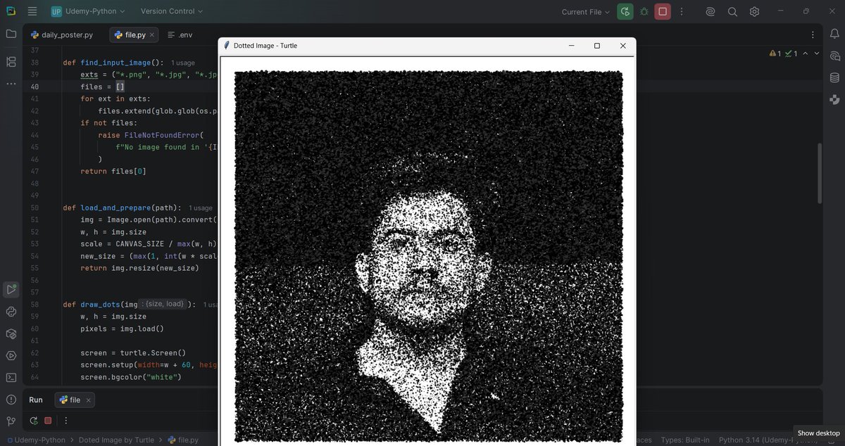 rudra_datasci's tweet photo. Me: "Let me learn Python Turtle." Python Turtle: proceeds to paint portraits with dots
#Python #Programming #CodingLife #PythonTurtle #CodeArt #CreativeCoding #DeveloperLife #TechTwitter https://t.co/0Jlqv6KTUx
