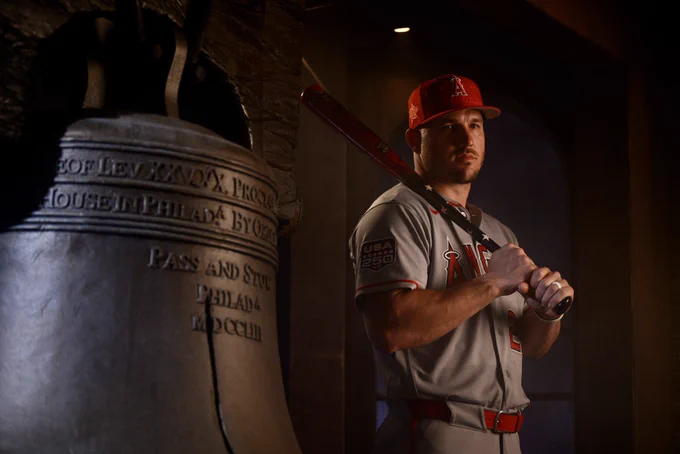 Mike Trout poses for a photo next to a Liberty Bell prop during an MLB All-Star Media Day shoot.