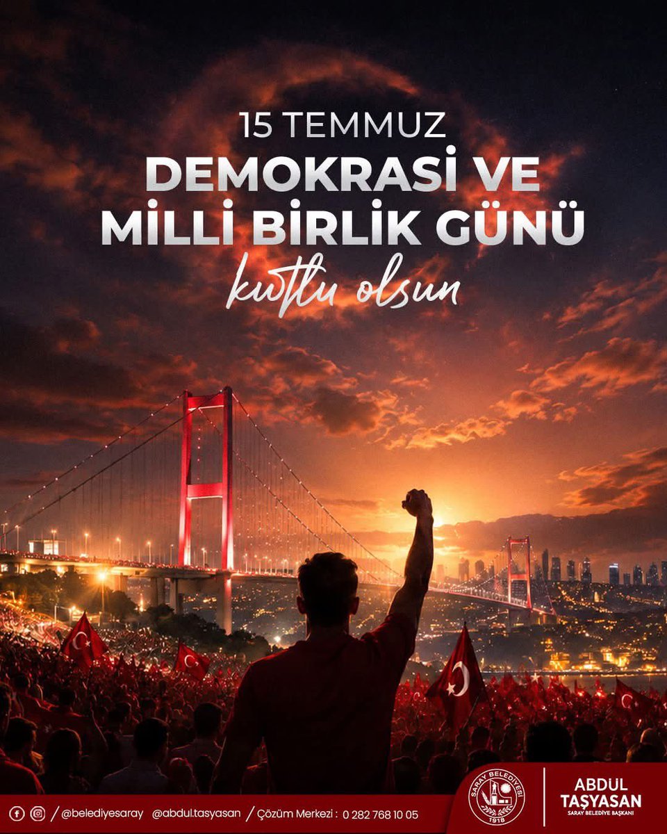 belediyesaray's tweet photo. Egemenlik kayıtsız şartsız milletindir!
15 Temmuz hain darbe girişiminin 10. yıl dönümünde vatanımız, bağımsızlığımız ve demokrasimiz için canını feda eden tüm şehitlerimizi saygı ve rahmetle anıyor, gazilerimize şükranlarımı sunuyorum. 🇹🇷 https://t.co/EQc8eHDIpE