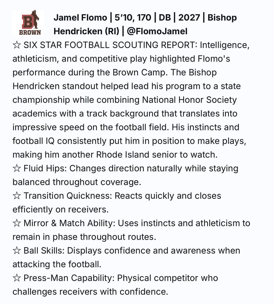 FlomoJamel's tweet photo. Thank you @sixstarfootball for the write up after a great camp can’t wait for what’s next going into my senior year 
@hendrickenfb @JHogan28 @CoachW_Edwards @coachDjackson1 @BrownU_Football @BrownHCPerry https://t.co/jEaXSTmbSJ