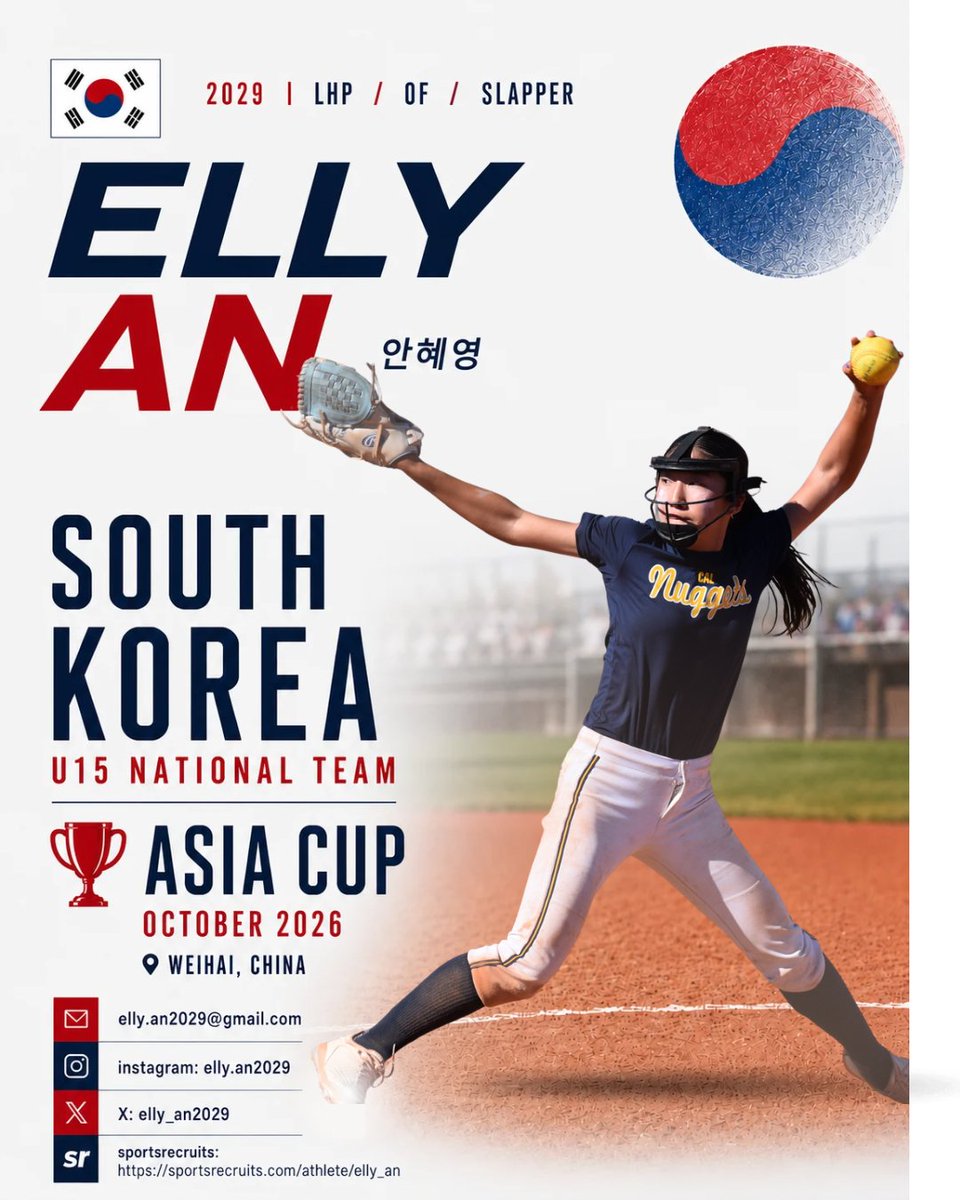 elly_an2029's tweet photo. I am so honored to have been selected to represent South Korea on the U15 National Team for this year’s Asia Cup in Weihei, China. I also hit my PR pitching yesterday of 62.7 MPH! 

My Korean heritage has always been such a big part of my life, and as a dual citizen, I am so blessed and grateful to have received this opportunity. Thank you so much to my parents and coaches for supporting me! 대한민국 화이팅🇰🇷❤️💙

@JessicaAllister @saragroe @Oh_tooly3 @StanfordSball  @Coach_AndreaB @CULionsSoftball @HarvardSB @coachjennyrohn @YaleSoftball @Coach_Debrosse @CoachLauraRicc @PUSoftball @CoachDavis1321 @CoachSween @CornellSoftball @CoachMary_Brown @BrownU_Softball @CoachFons_Brown @DartmouthSball @sydbenz @Penn_Softball @CalSB @CoachRexCal @CoachSingCal @CamilleCorona @ChicagoSoftball @WASHUSoftball @NYUSoftball @CoachNic23 @mitsoftball