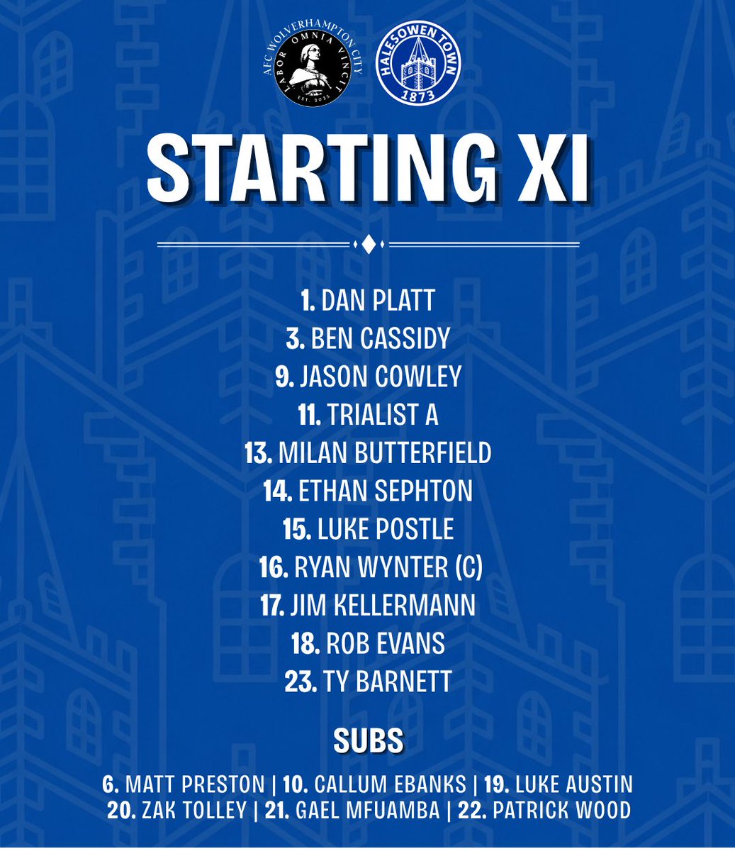 halesowentownfc's tweet photo. 🗞️ This evening's team news for tonight's pre-season trip to @AFC_WC

Four changes from last Friday, as Platt, Wynter, Postle &amp; Trialist A come into the XI. Four academy players feature on the bench! 

#UpTheYeltz | #PreSeason | #WOLHAL https://t.co/0cd8cEmAAm