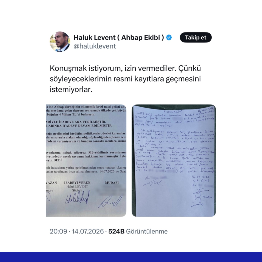 nedenttoldu's tweet photo. Ahbap soruşturması kapsamında gözaltında bulunan Haluk Levent'in X hesabından ifade tutanağı ve avukatların tutanağı paylaşıldı.

Paylaşımda, "Konuşmak istiyorum, izin vermediler. Çünkü söyleyeceklerimin resmi kayıtlara geçmesini istemiyorlar" denildi.

Haluk Levent, susma hakkını kullanma kararı aldı.