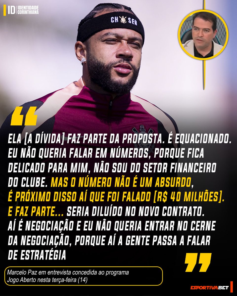 IDCorinthiana's tweet photo. Marcelo Paz em entrevista concedida ao programa 
Jogo Aberto nesta terça-feira (14), falou sobre situação de Memphis Depay, Transfer Ban e Arthur.

#Corinthians https://t.co/UzG6Db9nJ8