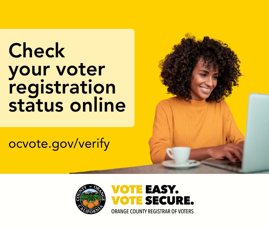 OCRegistrar's tweet photo. Did you know you can check if you’re registered to vote, review your registration information, and check your voter history, all online? Visit https://t.co/qzPeIJ7KpL today to learn more. 

#OCVote #VoteEasyVoteSecure https://t.co/RrToUq7Wdz
