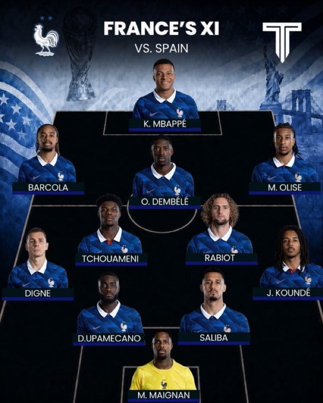 UnplayableZA's tweet photo. 𝗟𝗜𝗡𝗘 𝗨𝗣𝗦

🇫🇷 France 🆚️ Spain 🇪🇸 

⌚️ 21H00

𝙒𝙝𝙤'𝙨 𝙧𝙚𝙖𝙘𝙝𝙞𝙣𝙜 𝙩𝙝𝙚 𝙁𝙞𝙣𝙖𝙡❓️❓️

#FIFAWorldCup2026 https://t.co/4pxgXvJ9uD