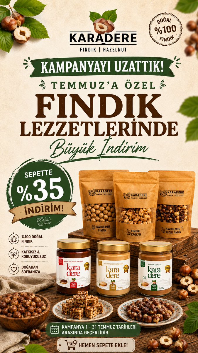 KaradereNut's tweet photo. Kampanyamızı Temmuz ayı sonuna kadar uzattık. Tüm ürünlerimizde geçerli, sepette net %35 indirim. Hemen alışverişe başlayın, bu fırsatı kaçırmayın! 

#kampanya #indirim #fındık #karadere 

https://t.co/CKJpMJRCUI https://t.co/Gqa2VQyRHn