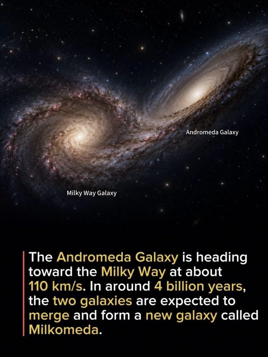 NightSkyNow's tweet photo. The Andromeda Galaxy is the closest large galaxy to the Milky Way, and the two are slowly moving toward each other at a speed of about 110 kilometers per second. Although that sounds incredibly fast, the enormous distance between them means the collision will not happen for around 4 billion years.

When the galaxies finally meet, it will not be like a crash between solid objects. Galaxies are mostly empty space, so the stars inside them are so far apart that direct star-to-star collisions are extremely unlikely. Instead, their powerful gravity will gradually pull them together, stretching their spiral arms, mixing vast clouds of gas and dust, and triggering the birth of many new stars.

Over millions of years, the Milky Way and Andromeda will combine into one much larger galaxy. Astronomers have nicknamed this future galaxy Milkomeda, though its final shape may be more like a giant elliptical galaxy than a spiral one. By studying this future merger, scientists gain valuable insights into how galaxies grow and evolve across the universe.
